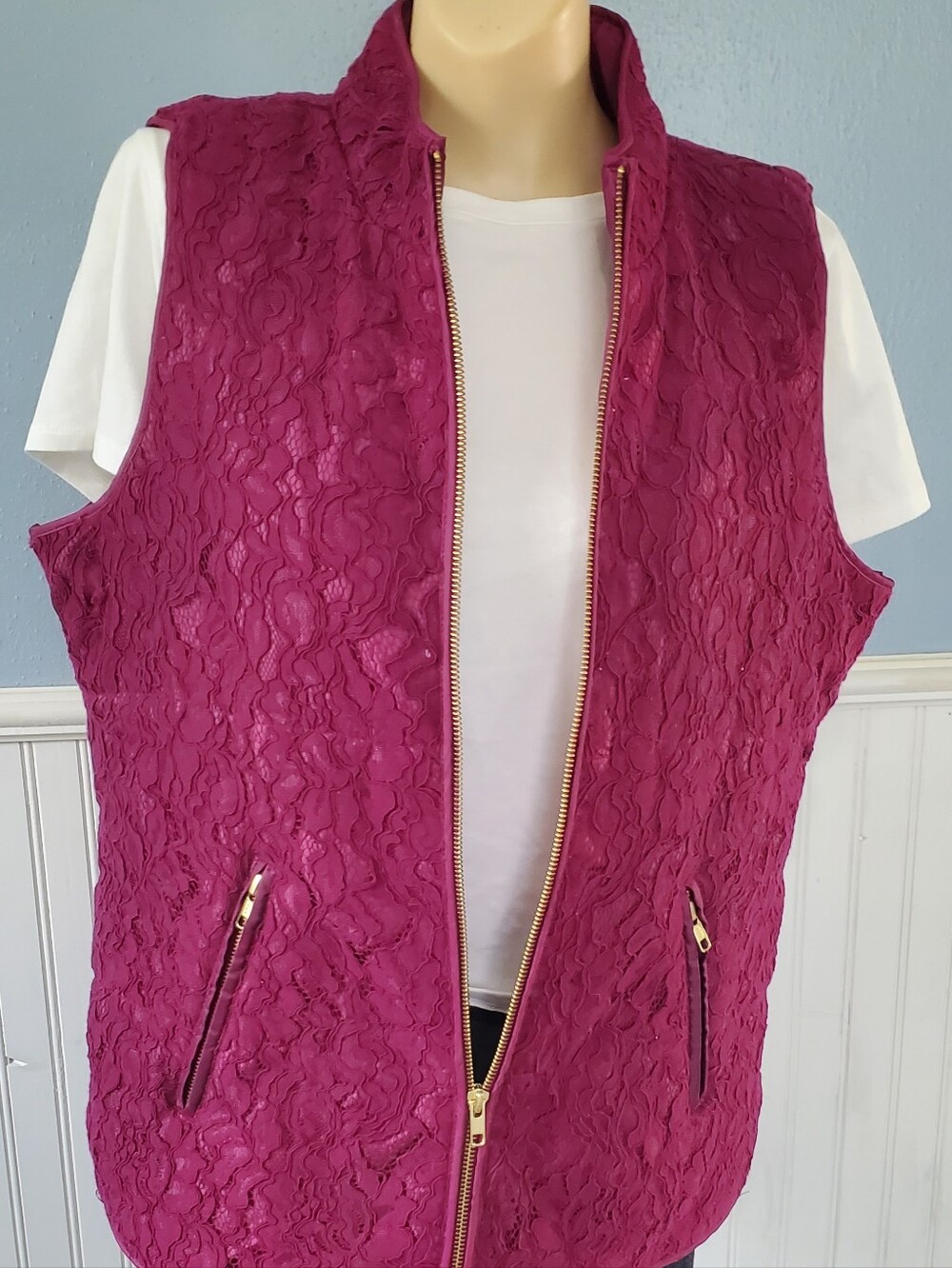 crown & ivy Magenta Lace-Overlay Vest with Gold Zippers